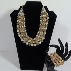 Statement Gold and Faux Pearl Necklace and Bracelet Set
